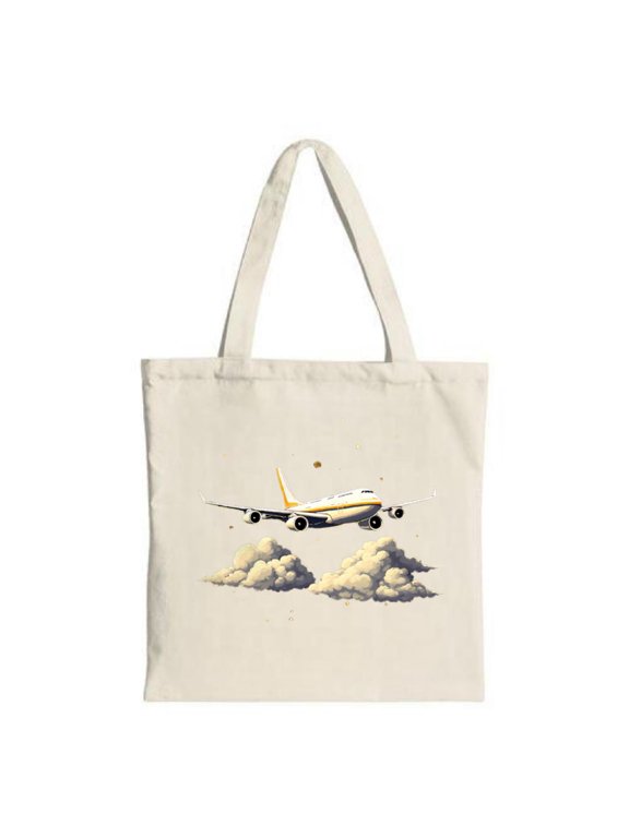 Stylish Canvas Tote Bag with Airplane and Cloud Design - Perfect for Travel Shopping and Parties - Reusable and Multifunctional