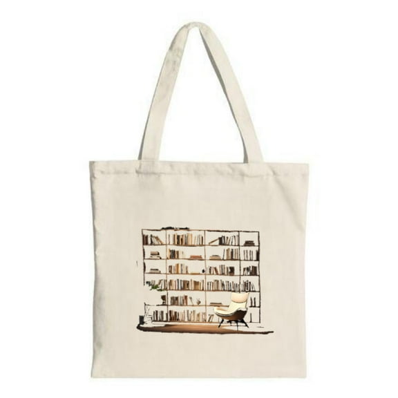 Stylish Canvas Tote Bag with Artistic Bookshelf Design & Adorable Cat - Perfect for Shopping Travel and Parties