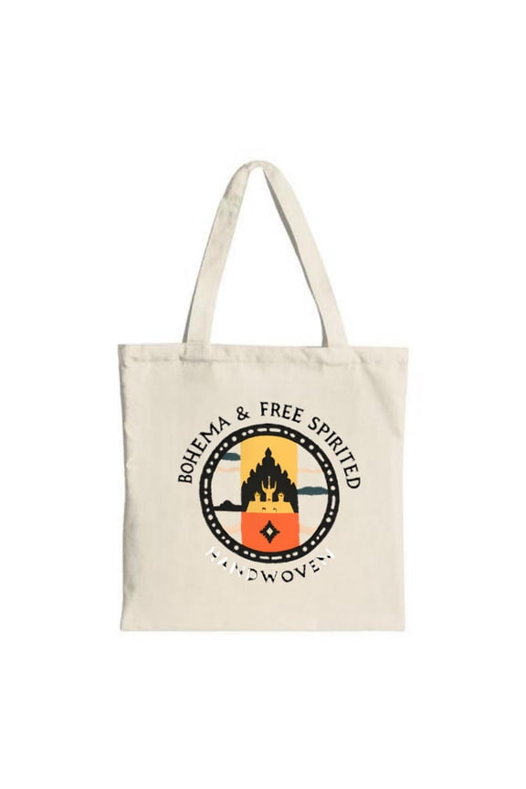Stylish Canvas Tote Bag with ' BOHEMA & FREE SPIRITED ' Featuring a Temple Design Against a Sunset Perfect for Shopping & Travel