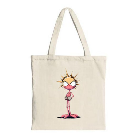 Cute Cartoon Character Tote Bag - Spiky Golden - Yellow Head Big White Eyes & Smiling Mouth - Perfect for Shopping Travel & Parties