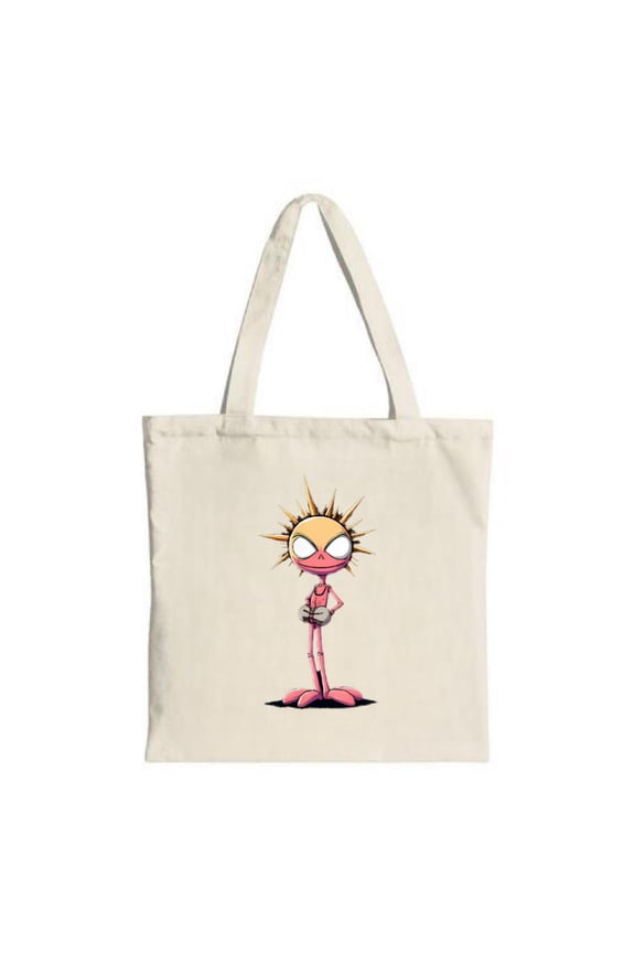 Cute Cartoon Character Tote Bag - Spiky Golden - Yellow Head Big White Eyes & Smiling Mouth - Perfect for Shopping Travel & Parties