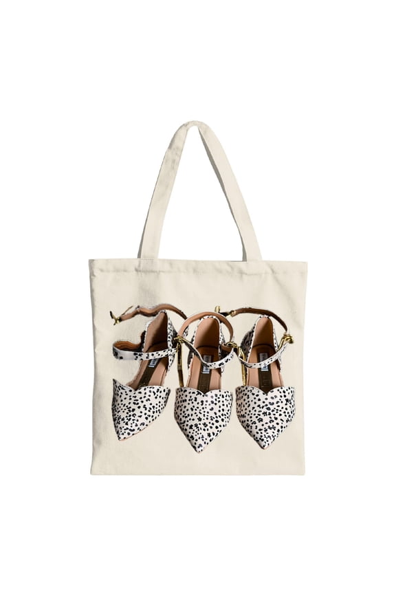 Stylish Canvas Tote Bag with Black & White Spotted High - Heeled Shoes Design - Perfect for Shopping Travel & Parties - Multifunctional Reusable Bag