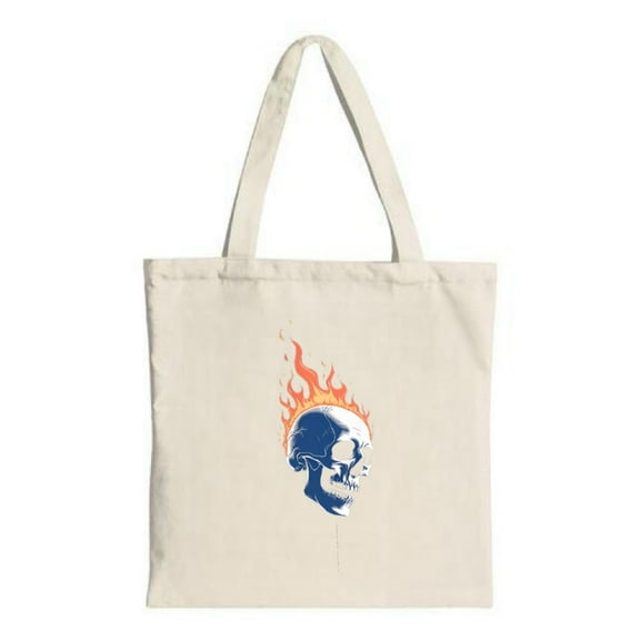 Stylish Canvas Tote Bag with Blue and White Skull Design and Flames - Perfect for Shopping Travel and Parties