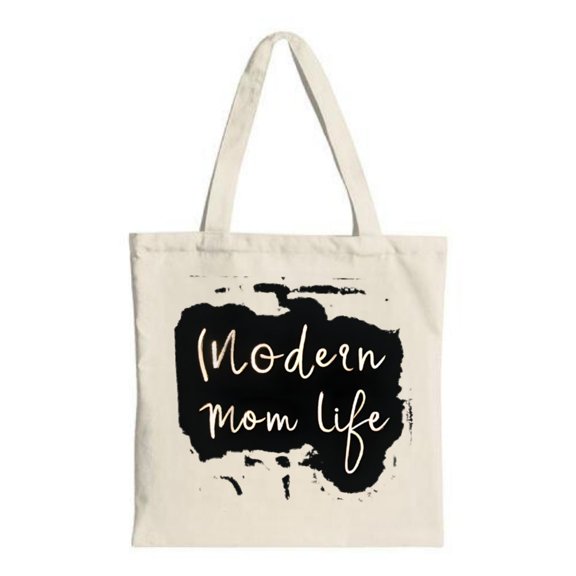 Stylish Canvas Tote Bag with Bold Black Brushstroke Design & ' Modern Mom Life ' in Cursive - Perfect for Shopping Travel & Parties