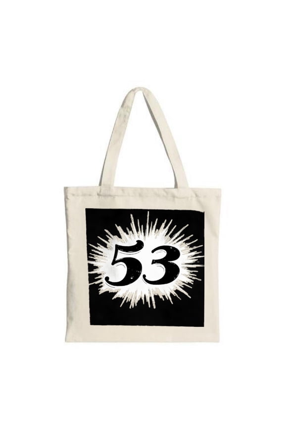Stylish Canvas Tote Bag with Bold Black Square Design and Radiating White Lines Featuring a Large ' 53 ' - Perfect for Shopping and Travel