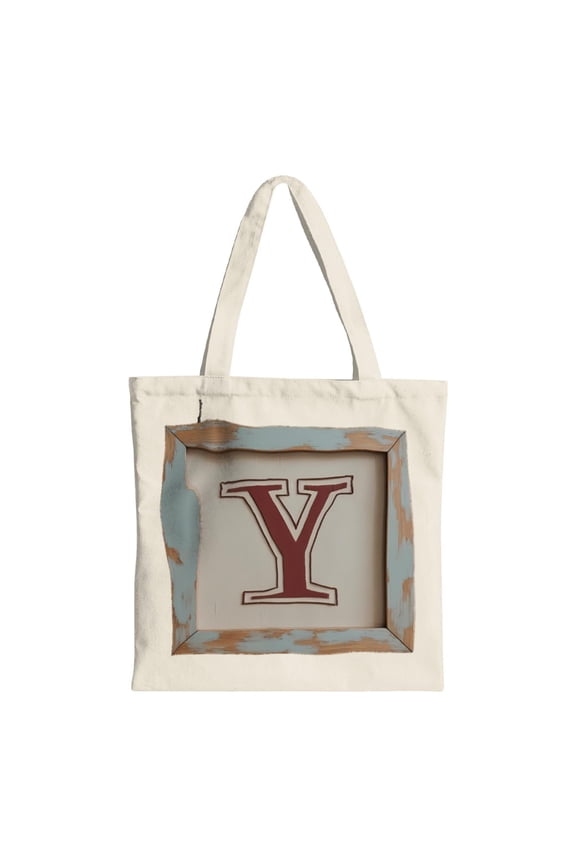 Stylish Canvas Tote Bag with Bold Maroon ' Y ' Design White Outline & Distressed Light Blue - Green Border - Perfect for Shopping Travel & Parties