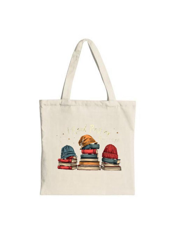 Colorful Hat & Book Design Tote Bag - Stylish Canvas Bag for Shopping Travel & Parties - Features ' Mid Row ' in Cursive Font