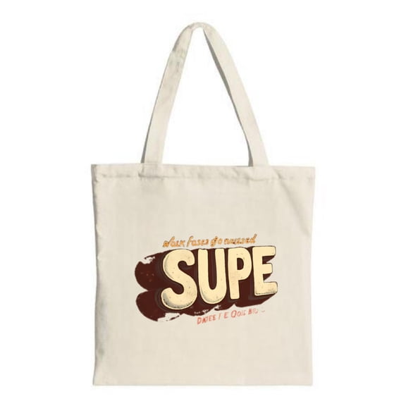 Stylish Canvas Tote Bag with Bold ' SUPE ' Design in Brown and Beige Perfect for Shopping Travel and Parties - Multifunctional & Reusable