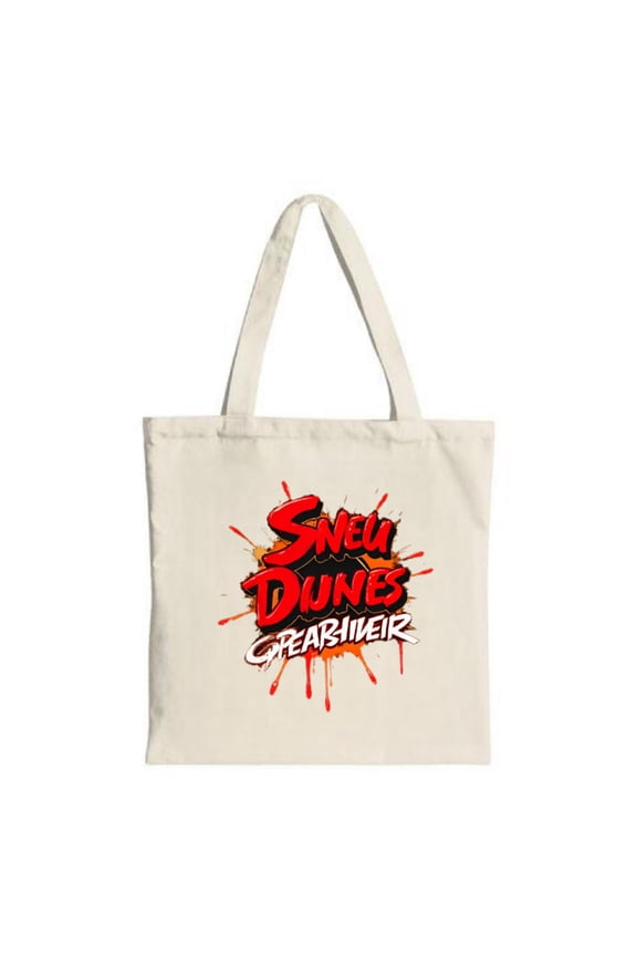 Stylish Canvas Tote Bag with Bold " Snu Dunes " Text in Red & White Splash Effect Design - Perfect for Shopping Travel & Parties