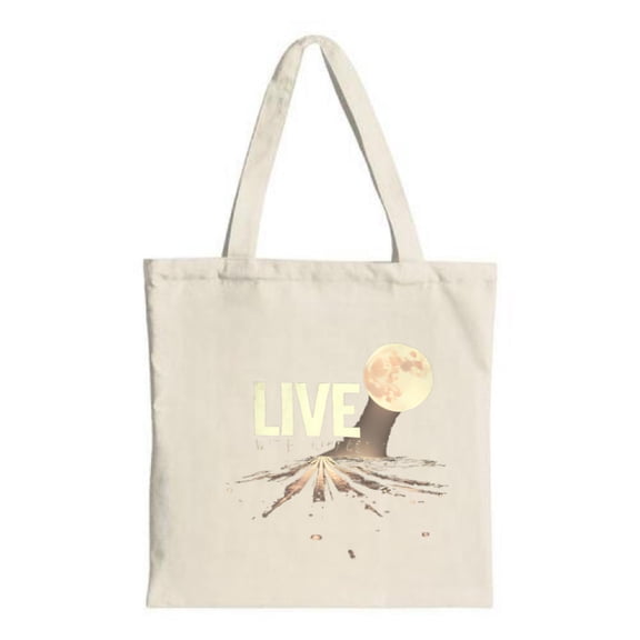 Stylish Canvas Tote Bag with Bold Yellow ' LIVE ' & Moon Design Perfect for Shopping Travel & Parties - Eco-Friendly & Reusable