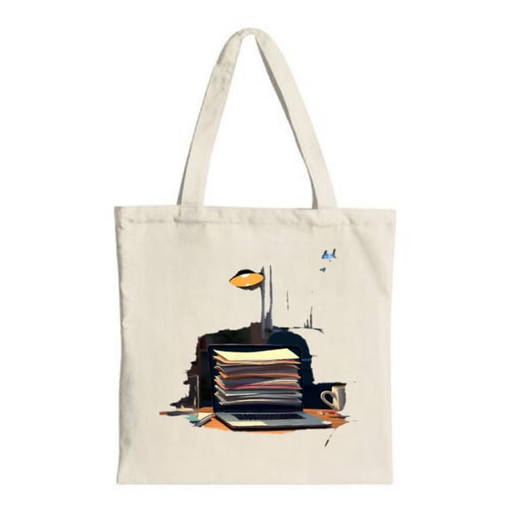 Stylish Canvas Tote Bag with Book Stack and Laptop Design Perfect for Shopping Travel and Parties - Multifunctional & Reusable