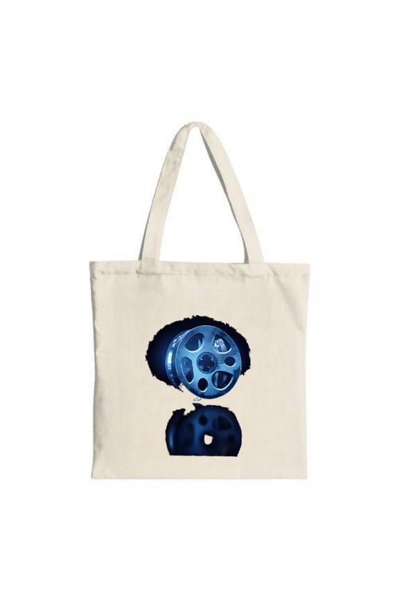 Stylish Canvas Tote Bag with Centered Blue Film Reel Design Reflective Surface Perfect for Shopping Travel and Parties