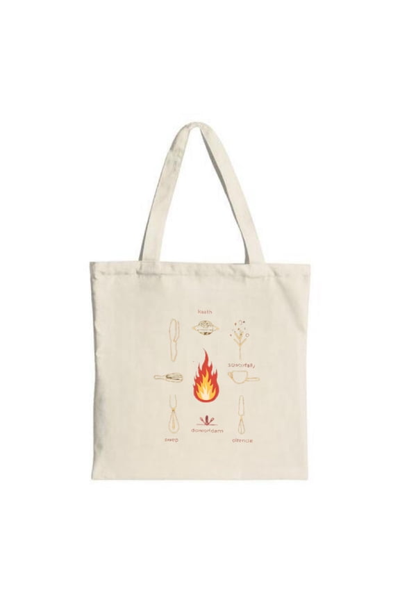 Stylish Canvas Tote Bag with Central Flame Design Surrounded by Cooking Utensils & Ingredients - Perfect for Shopping & Travel