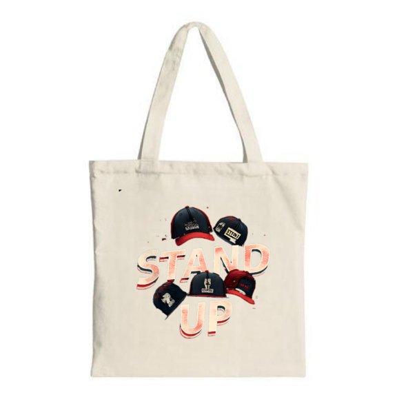 Stylish Canvas Tote Bag with Circular Baseball Caps Design & Bold ' STAND UP ' Text - Perfect for Shopping Travel & Parties