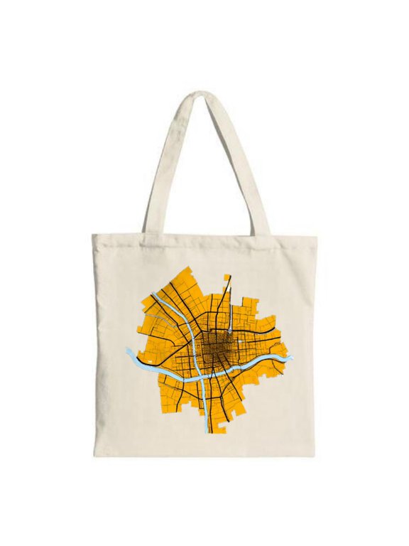 Stylish Canvas Tote Bag with City Map Design in Orange and Black Featuring a Blue River - Perfect for Shopping Travel and Parties