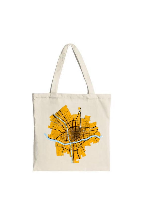 Stylish Canvas Tote Bag with City Map Design in Orange and Black Featuring a Blue River - Perfect for Shopping Travel and Parties