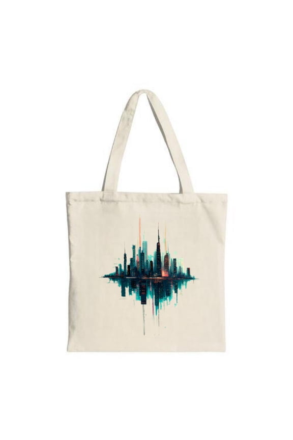 Stylish Canvas Tote Bag with City Skyline Reflection Design Dark Colors with Orange & Teal Accents Perfect for Shopping & Travel