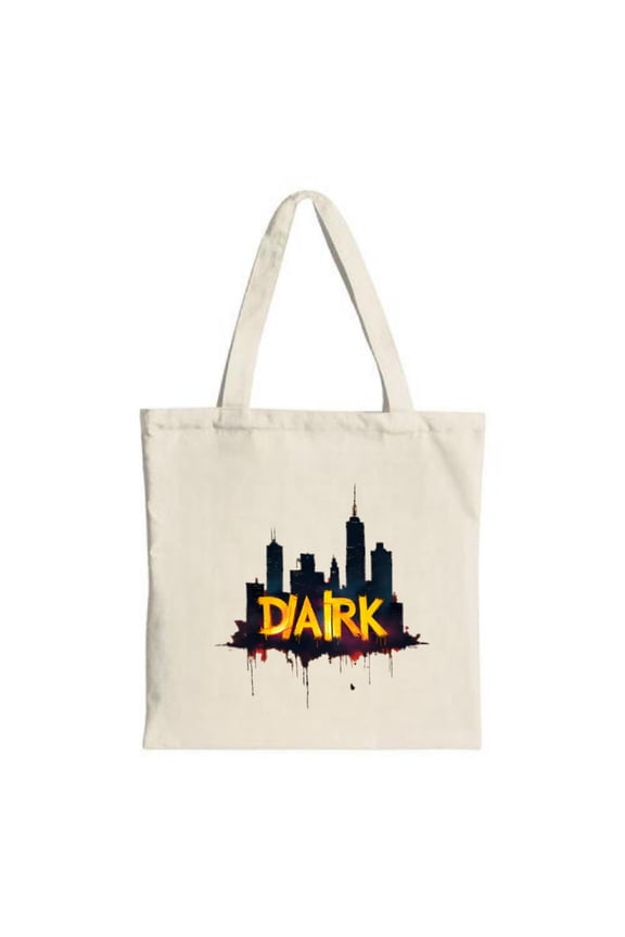 Stylish Canvas Tote Bag with City Skyline at Dusk Design Bold ' DIARK ' in Dripping Yellow Letters Perfect for Shopping and Travel