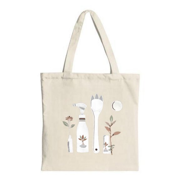 Stylish Canvas Tote Bag with Cleanliness & Nature Design: Features bottle toothbrush pen and plants Perfect for shopping & travel