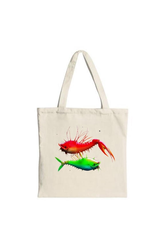 Stylish Canvas Tote Bag with Colorful Fish Design - Vibrant Red Spiky Fish & Streamlined Green Fish - Perfect for Shopping & Travel