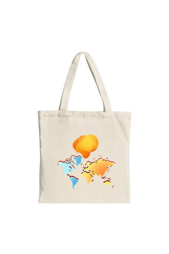 Stylish Canvas Tote Bag with Colorful World Map Design Featuring Blue Orange and Yellow Continents with Abstract Orange Cloud Shape