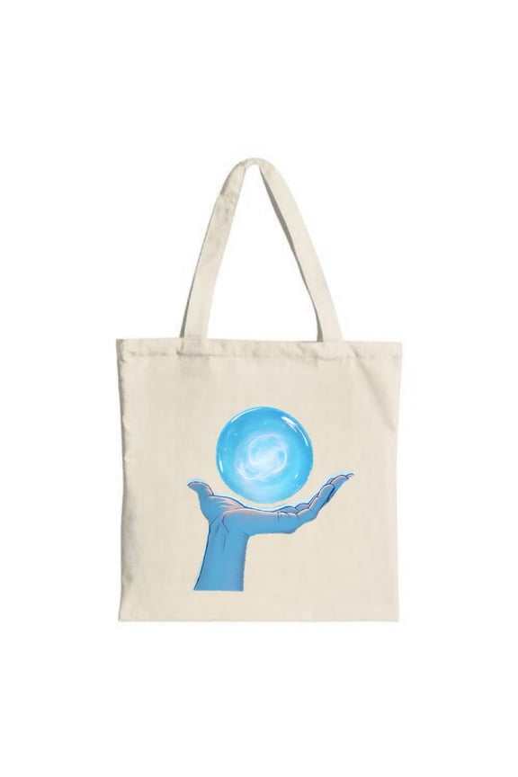Stylish Canvas Tote Bag with Cream Background Light Blue Hand Holding a Glowing Galaxy Sphere - Perfect for Shopping Travel & Parties