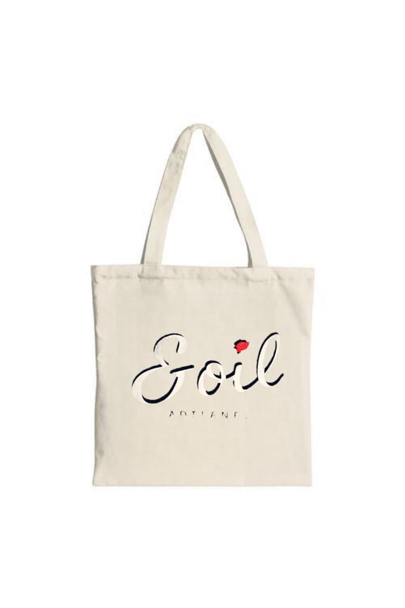 Stylish Canvas Tote Bag with Cursive ' Eoil ' in Black & Red featuring a small red flower and ' AOTLNE ' below Perfect for shopping & travel