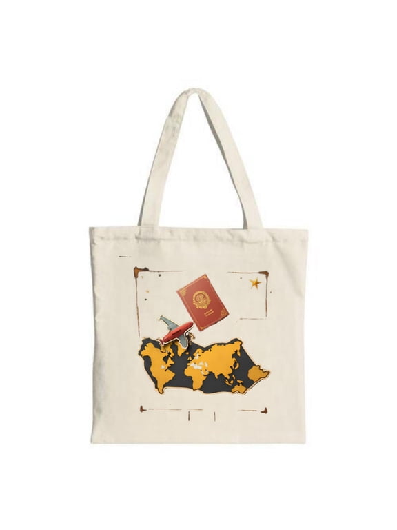 Stylish Canvas Tote Bag with Dark Brown & Yellow World Map Design Airplane Motif Eco-Friendly Perfect for Travel & Shopping