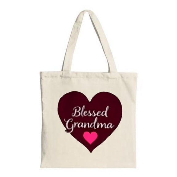 Stylish Canvas Tote Bag with Dark Maroon Heart Design ' Blessed Grandma ' in Cursive Perfect for Shopping Travel & Parties