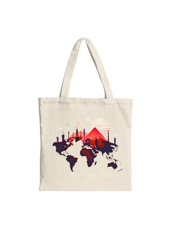 Stylish Canvas Tote Bag with Dark Red & Purple World Map Design Featuring Iconic Landmarks - Perfect for Travel Shopping & Parties