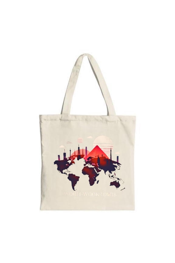 Stylish Canvas Tote Bag with Dark Red & Purple World Map Design Featuring Iconic Landmarks - Perfect for Travel Shopping & Parties