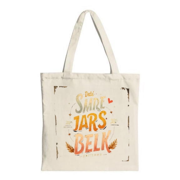 Stylish Canvas Tote Bag with " Date Smre Jars Belk " in vibrant font adorned with leaves and stars on a light beige background
