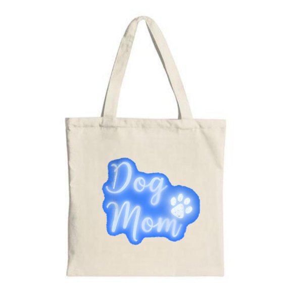 Stylish Canvas Tote Bag with " Dog Mom " in white cursive and a print perfect for shopping travel and parties