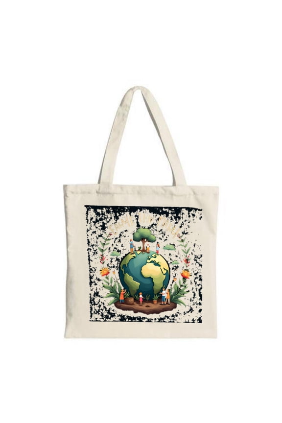 Stylish Canvas Tote Bag with Earth and Tree Planting Design - Eco-Friendly Multifunctional Reusable Shopping Bag for Travel & Parties