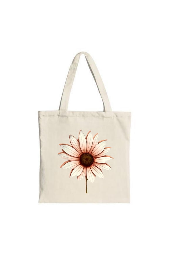 Stylish Canvas Tote Bag with Elegant Flower Design: Dark Brown Center White Petals Green Stem - Perfect for Shopping Travel & Parties