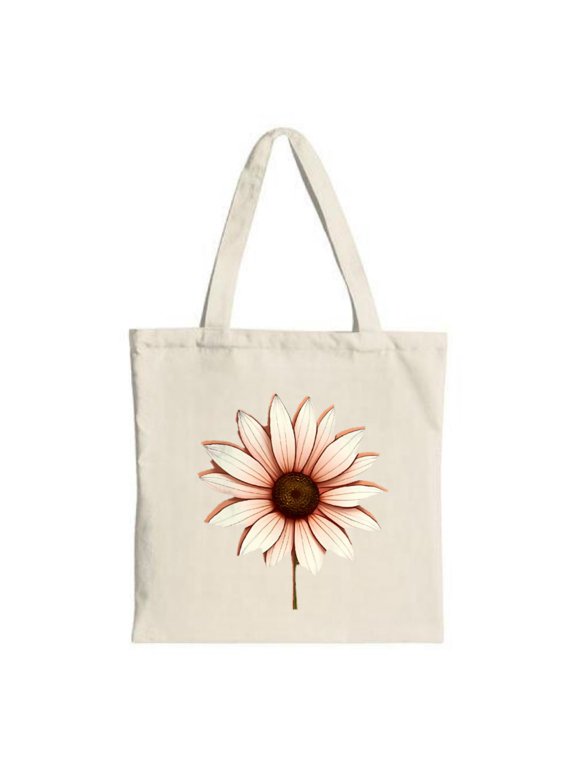 Stylish Canvas Tote Bag with Elegant Flower Design: Dark Brown Center White Petals Green Stem - Perfect for Shopping Travel & Parties