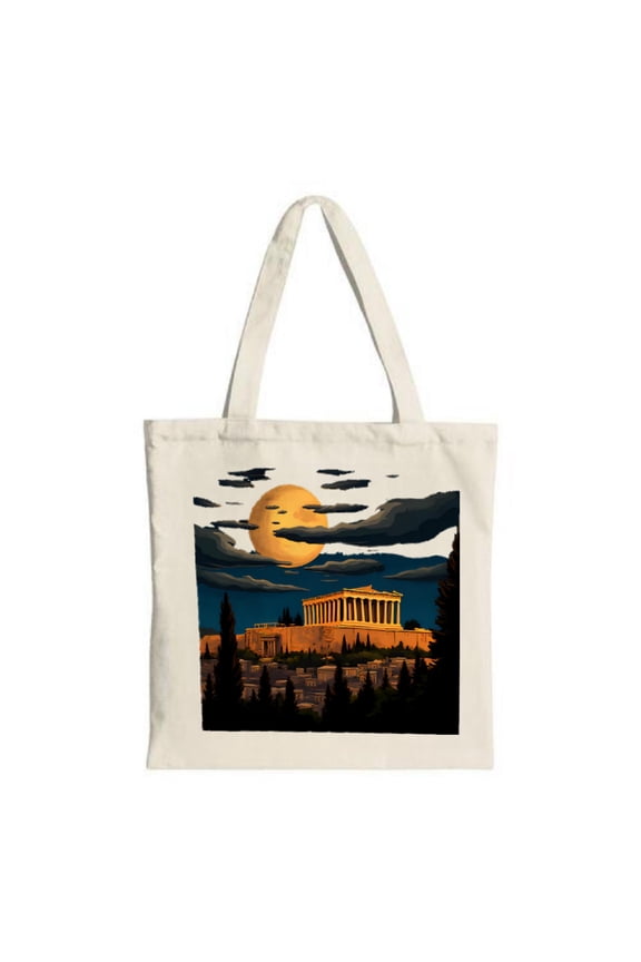 Stylish Canvas Tote Bag with Elegant Greek Temple Design - Perfect for Shopping Travel and Parties - Multifunctional & Reusable