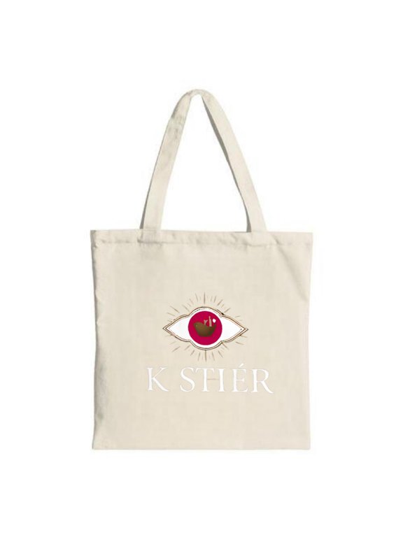 Stylish Canvas Tote Bag with Eye Design: Red Iris & Golden Bold ' K STER ' Text Perfect for Shopping Travel & Parties