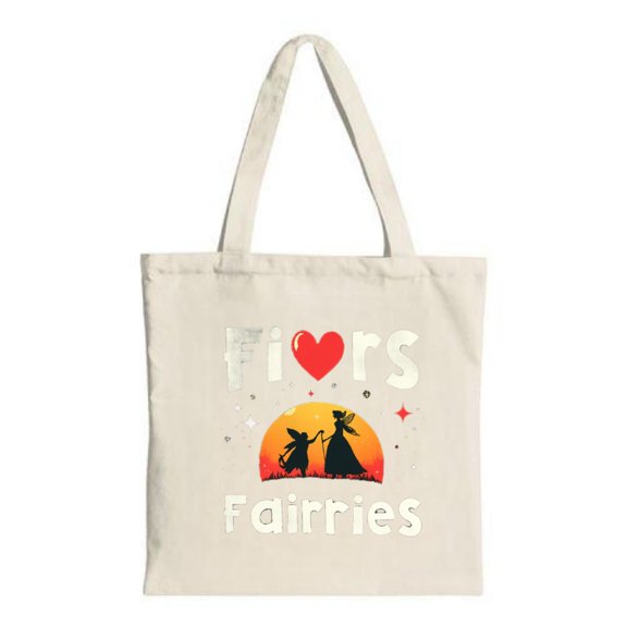 Stylish Canvas Tote Bag with " Firos Faires " in white heart symbol silhouettes and a vibrant sunset background Perfect for shopping