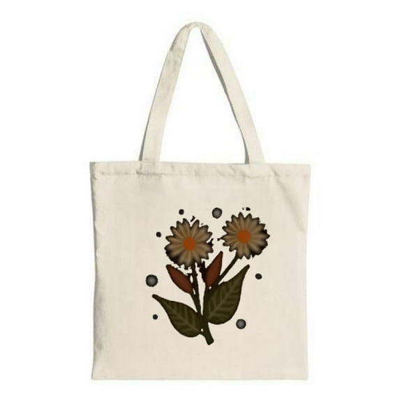 Stylish Canvas Tote Bag with Floral Design: Two Brown - Centered Flowers & Green Leaves Surrounded by Dots - Perfect for Shopping & Travel