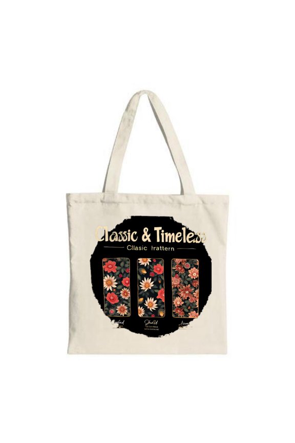 Stylish Canvas Tote Bag with Floral Patterns: Black Circle Design ' Classic ' Text Perfect for Shopping and Travel