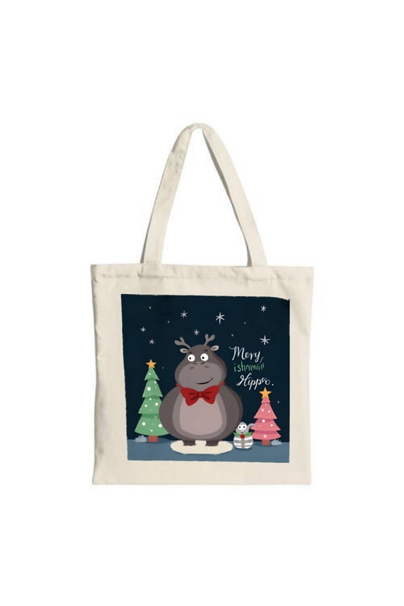 Stylish Canvas Tote Bag with Fun Cartoon Hippo Design Perfect for Christmas Parties Travel and Shopping - Reusable & Multifunctional