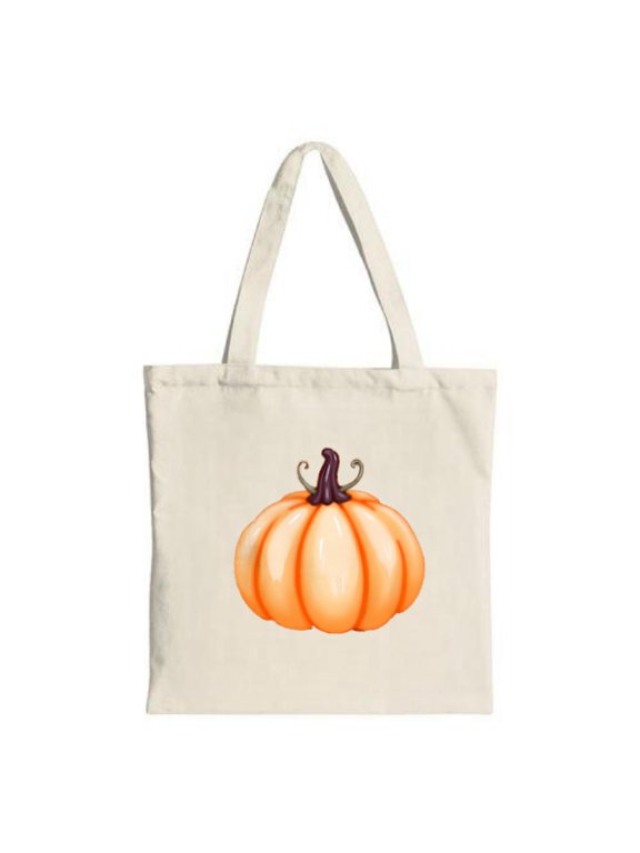 Stylish Canvas Tote Bag with Glossy Orange Pumpkin Design Dark Brown Stem and Light Beige Background - Perfect for Shopping and Travel