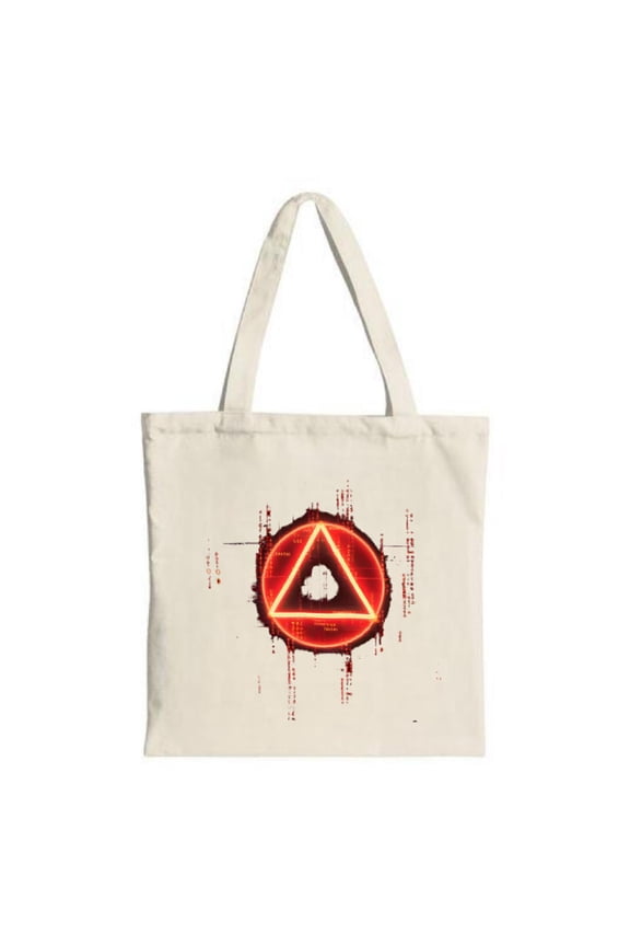Stylish Canvas Tote Bag with Glowing Red Neon Triangle Design Surrounded by Splash Effects - Perfect for Shopping & Travel