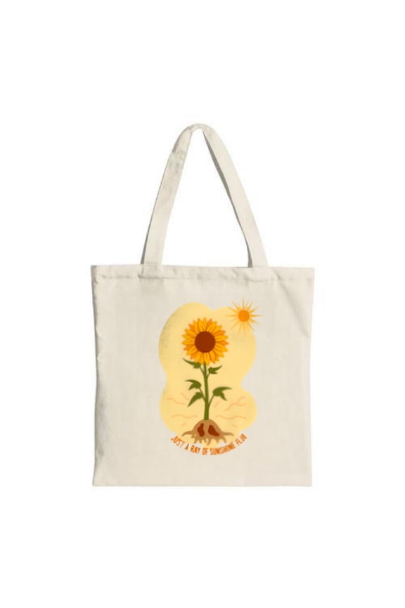 Sunflower Roots Tote Bag - Natural Canvas Bright Sun Design " Just 10 to 15 Minutes Away " - Perfect for Shopping Travel & Parties