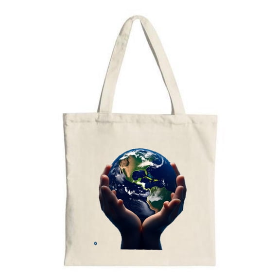 Stylish Canvas Tote Bag with Hands Cradling Globe Design - Eco-Friendly Multifunctional Reusable Shopping Bag for Travel & Parties