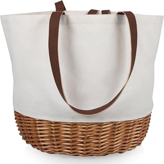 Stylish Canvas Tote Bag with Handwoven Wicker Bottom and Leatherette Strap, Wicker Basket with Handle for Two, (Beige Canvas)