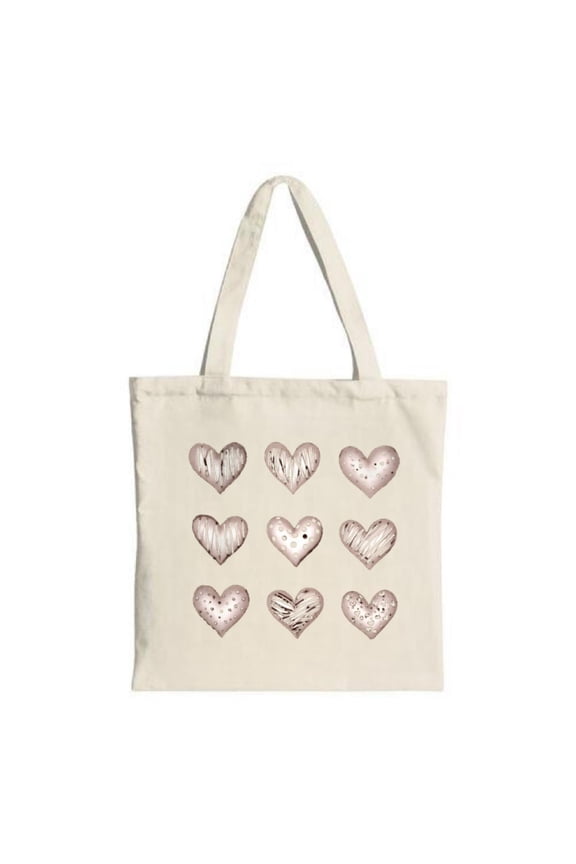 Stylish Canvas Tote Bag with Heart Pattern - 9 Unique Heart Designs in Stripes Swirls & Dots on Light Beige - Perfect for Shopping & Travel