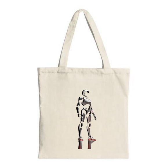 Stylish Canvas Tote Bag with Humanoid Robot Design - Sleek Metallic Look Black & White with Red Accents Perfect for Shopping & Travel