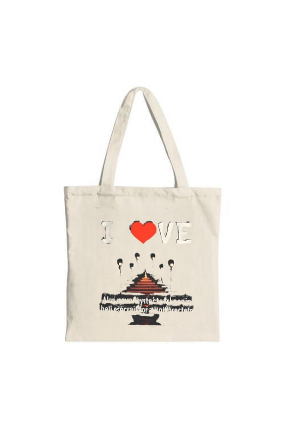 Stylish Canvas Tote Bag with " I VE " Design Pagoda & Hot Air Balloons - Perfect for Parties Travel & Shopping